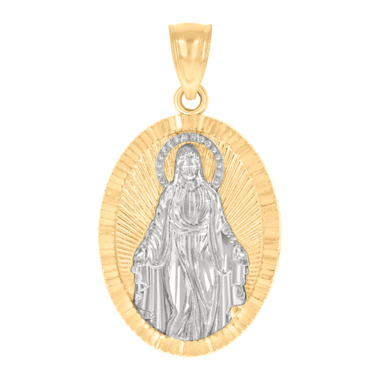 14K Two-tone Gold Mens Miraculous Medal Virgin Mary Religious Charm Pendant