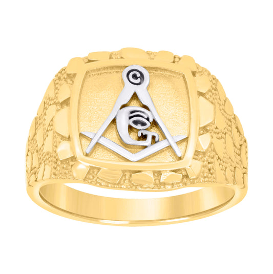 14K Yellow Gold Mens Masonic Symbol Textured Religious Ring