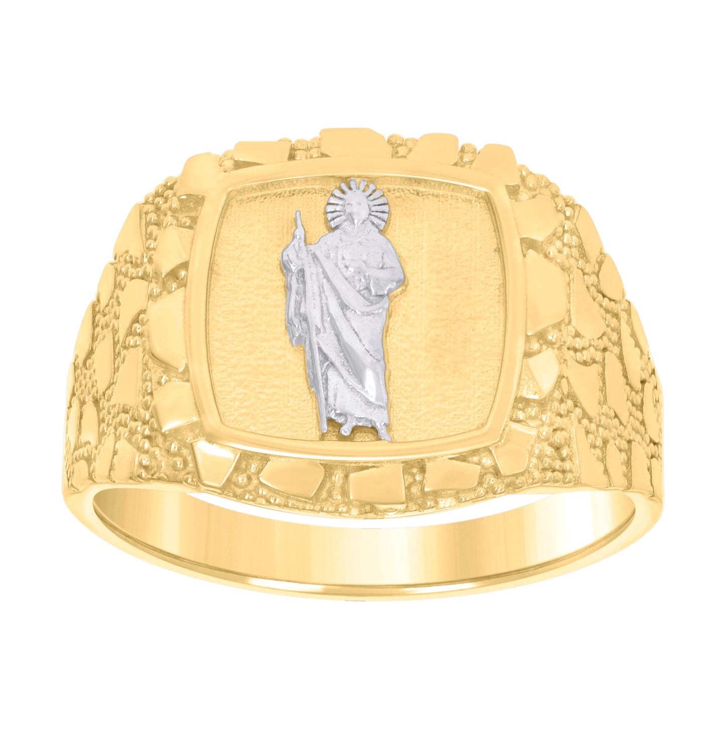 14K Two-tone Gold Mens Square Head St. Jude Religious Ring