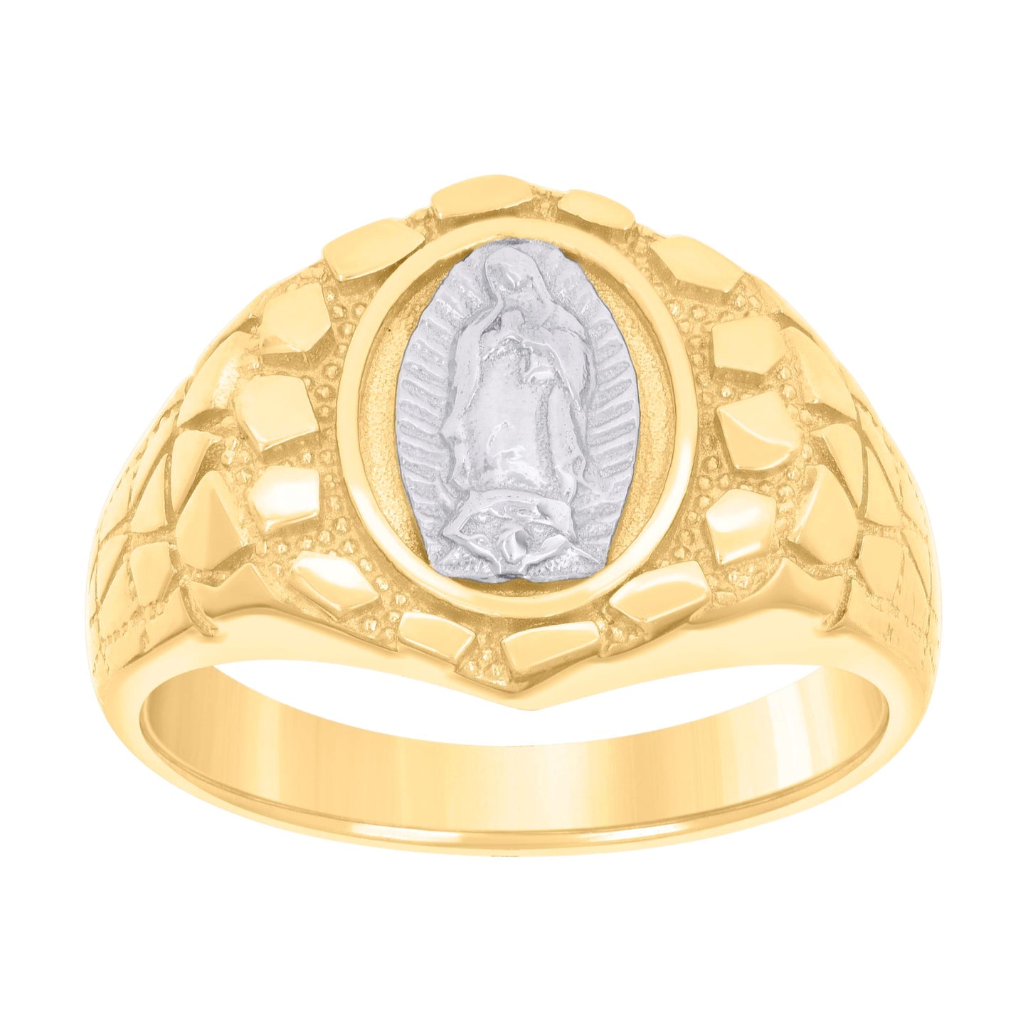 14K Yellow Gold Mens Guadalupe Textured Religious Ring