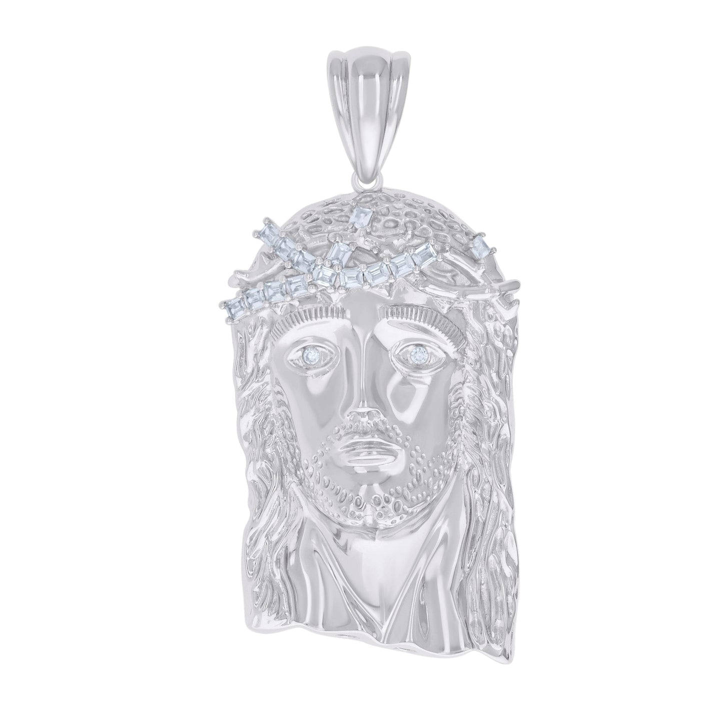 Sterling Silver Mens Baguette Round Cubic-Zirconia Jesus Religious Charm Pendant