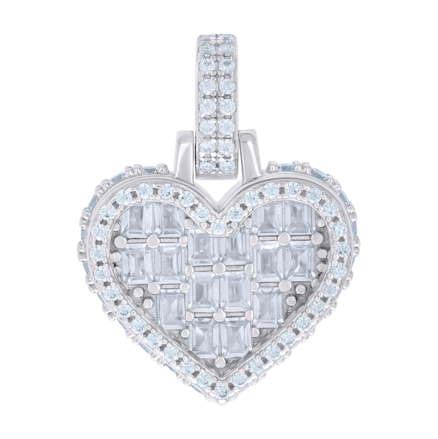 Sterling Silver Women Baguette Round Cubic-Zirconia Heart Charm Pendant