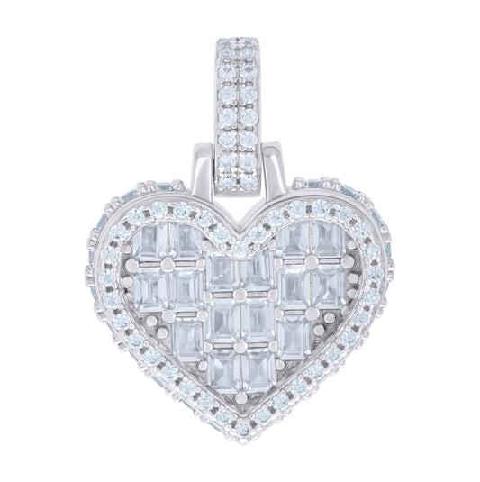 Sterling Silver Women Baguette Round Cubic-Zirconia Heart Charm Pendant