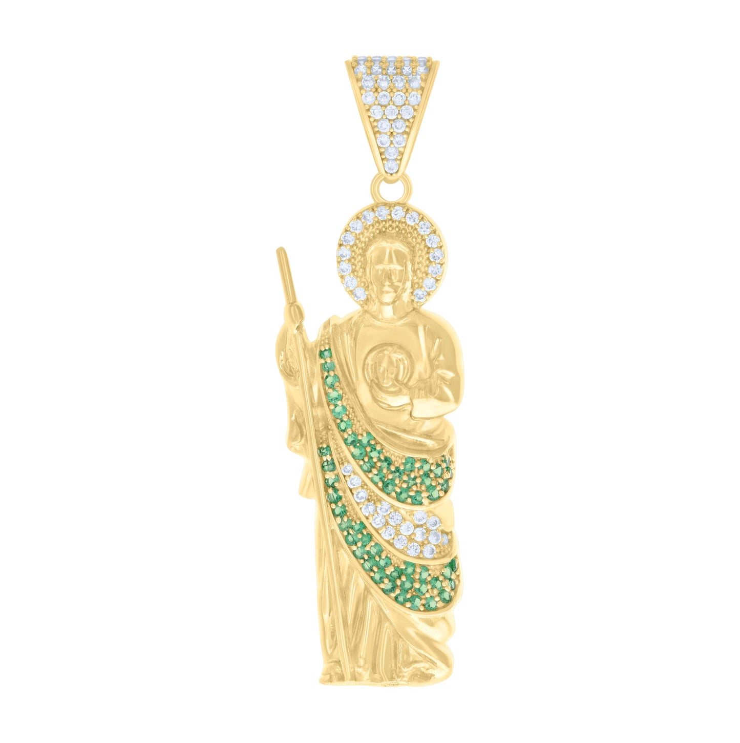 10K Yellow Gold Mens Green White Cubic-Zirconia St. Jude Religious Charm Pendant