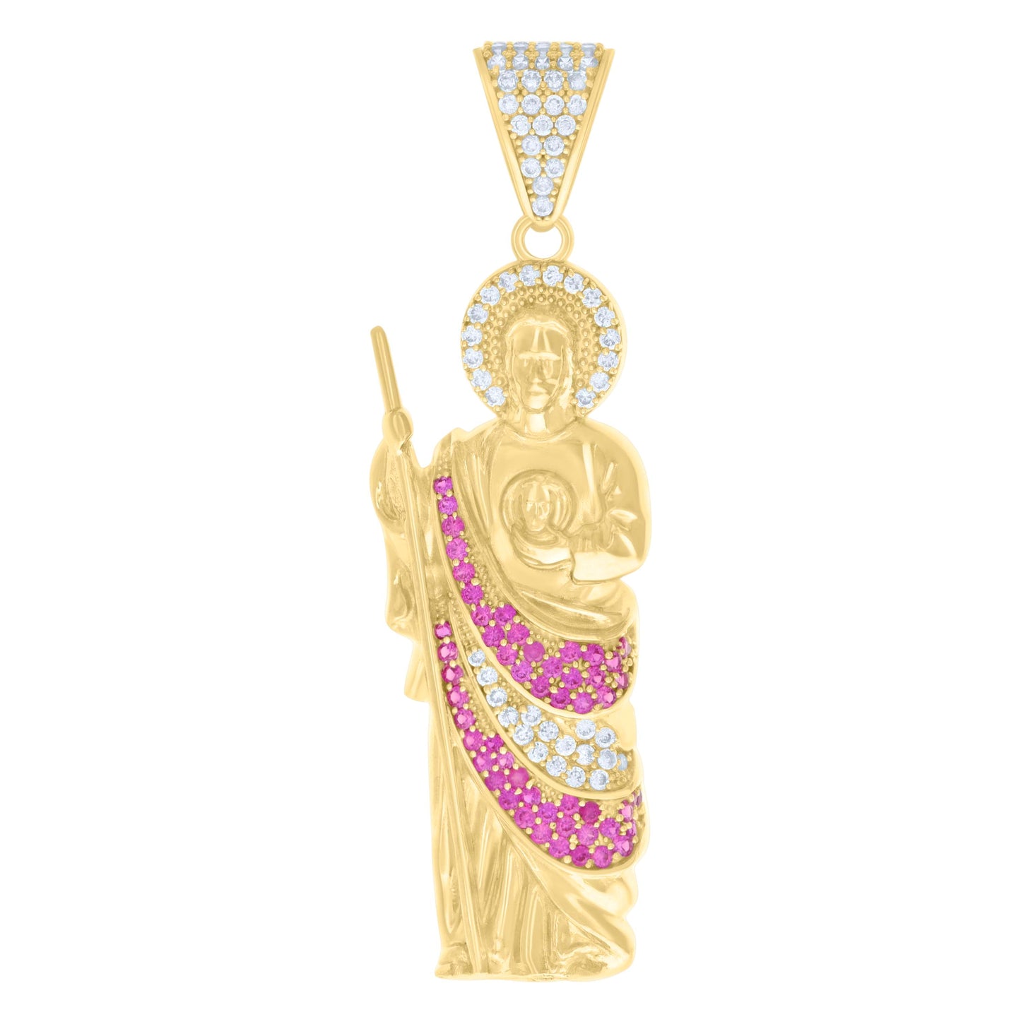 10K Yellow Gold Mens Pink White Cubic-Zirconia St. Jude Religious Charm Pendant