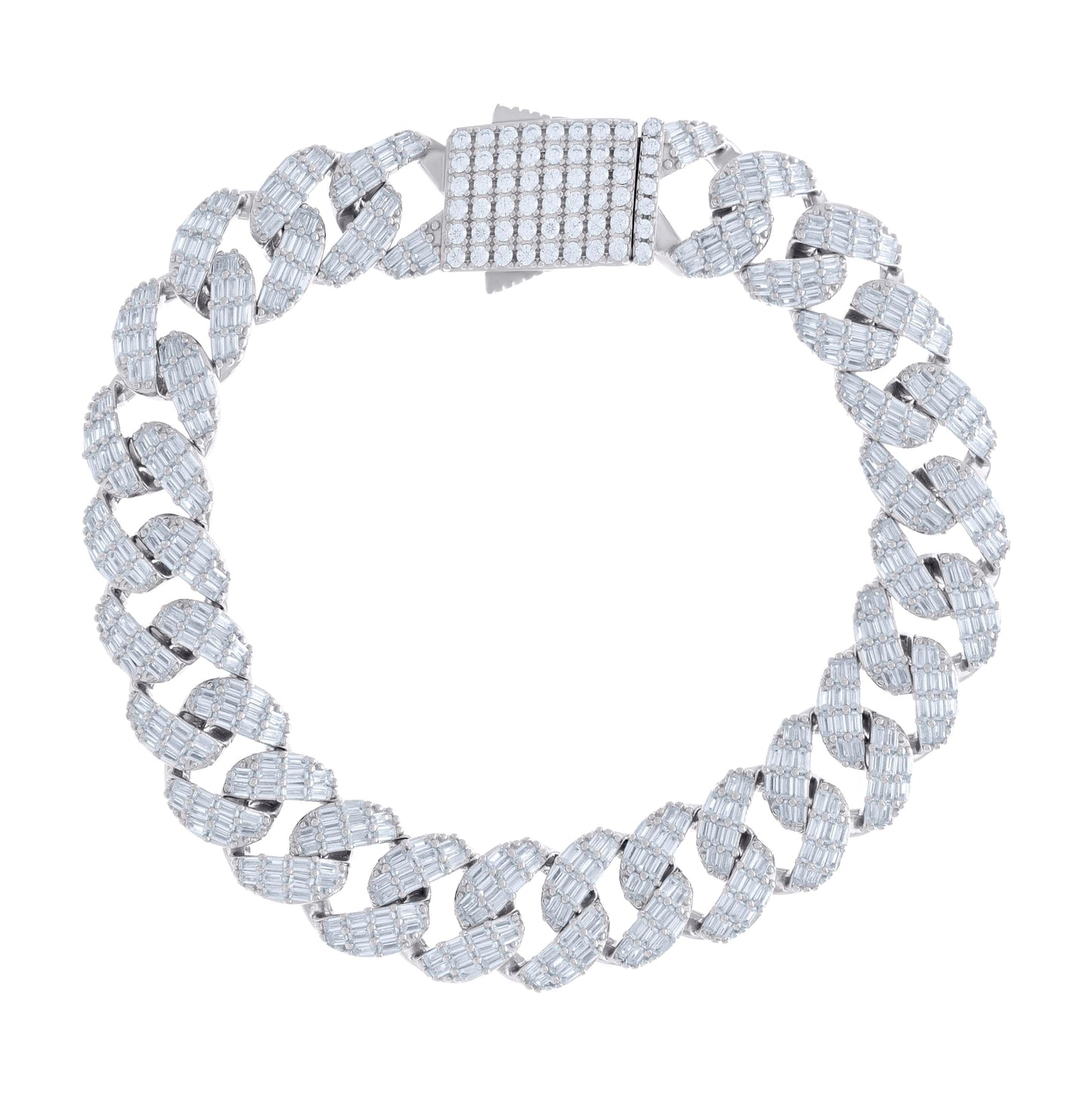 Sterling Silver Baguette Round Cubic-Zirconia Fancy Cuban Chain Bracelet Size 8 Inches
