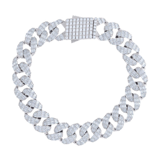 Sterling Silver Baguette Round Cubic-Zirconia Fancy Cuban Chain Bracelet Size 8 Inches
