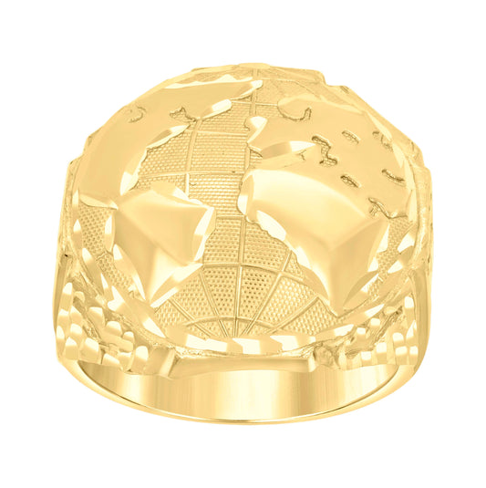 14K Yellow Gold Mens Globe Map Ring
