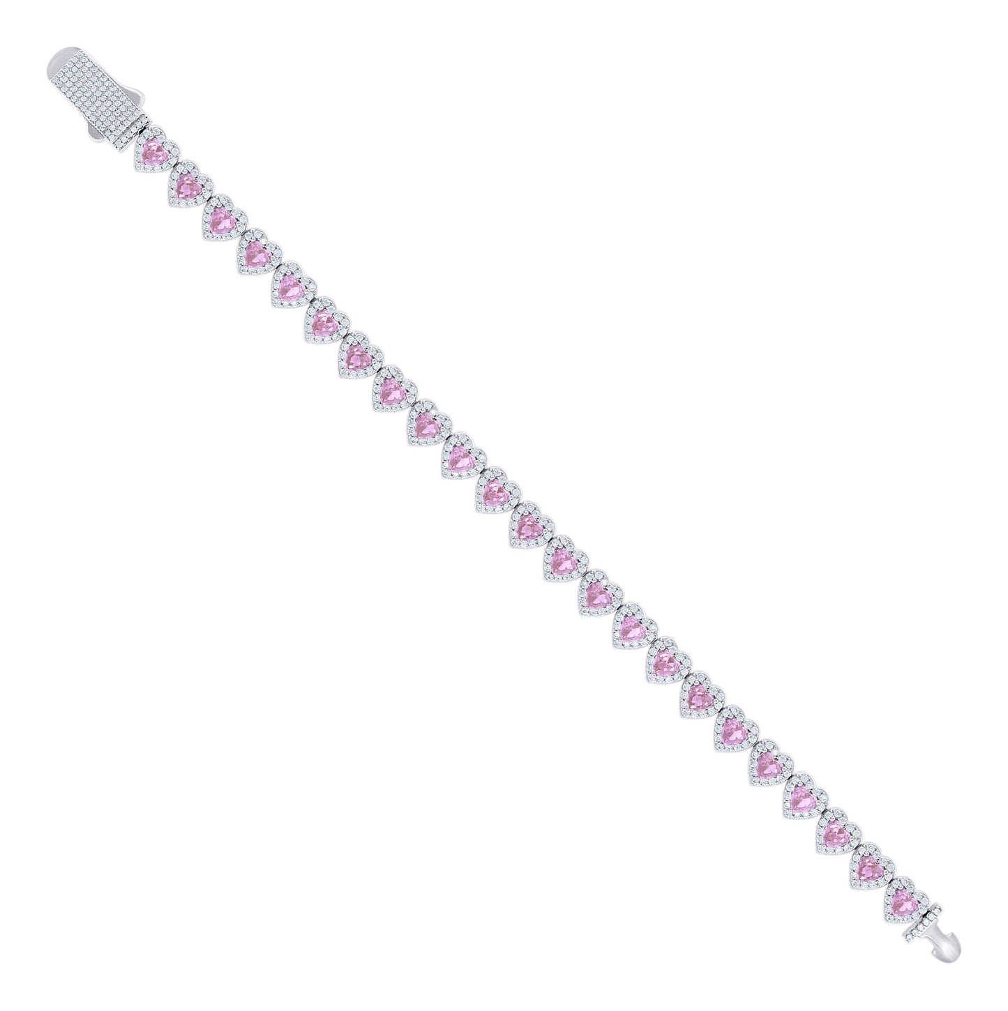 Sterling Silver Womens White Pink Heart Round Cubic-Zirconia Hearts Link Bracelet Size 7 Inches