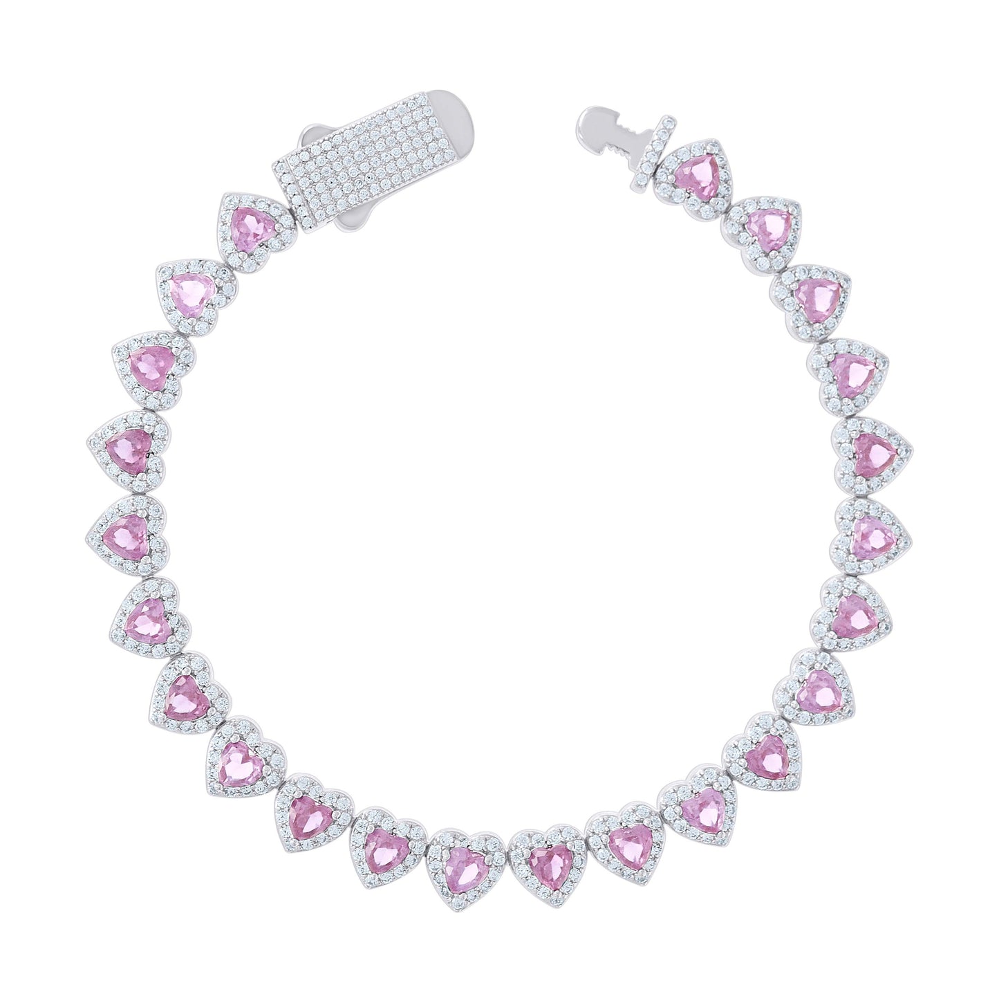 Sterling Silver Womens White Pink Heart Round Cubic-Zirconia Hearts Link Bracelet Size 7 Inches