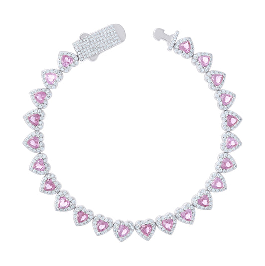 Sterling Silver Womens White Pink Heart Round Cubic-Zirconia Hearts Link Bracelet Size 7 Inches