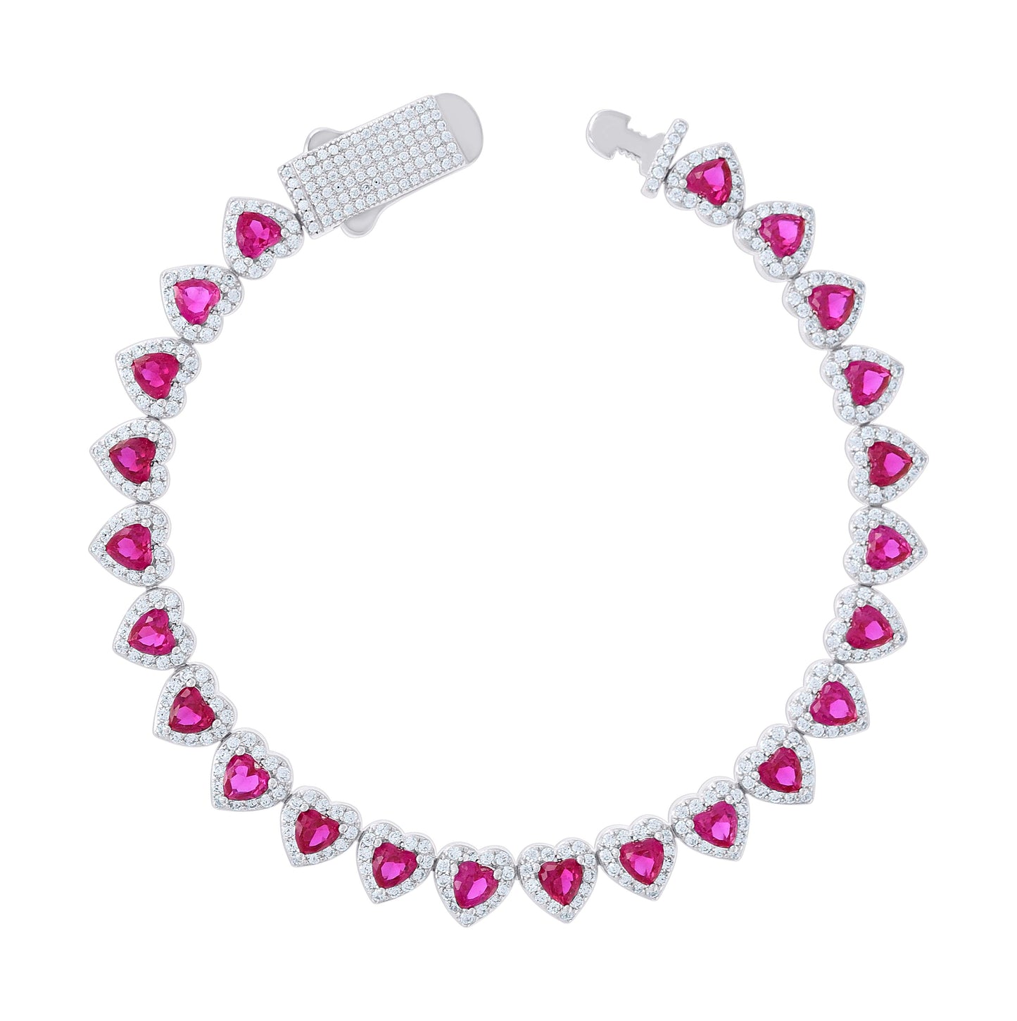 Sterling Silver Womens White Pink Round Heart Cubic-Zirconia Hearts Link Bracelet Size 7 Inches
