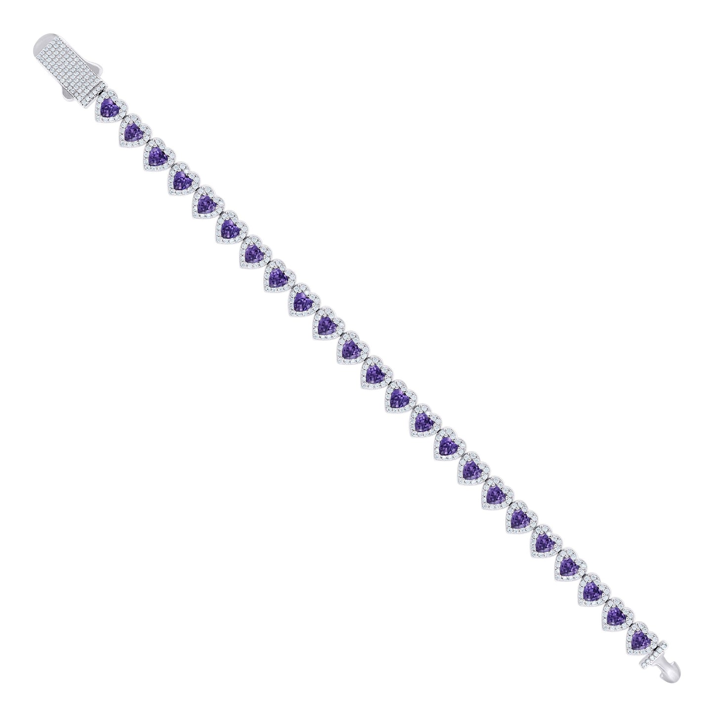 Sterling Silver Womens White Purple Heart Round Cubic-Zirconia Hearts Link Bracelet Size 7 Inches