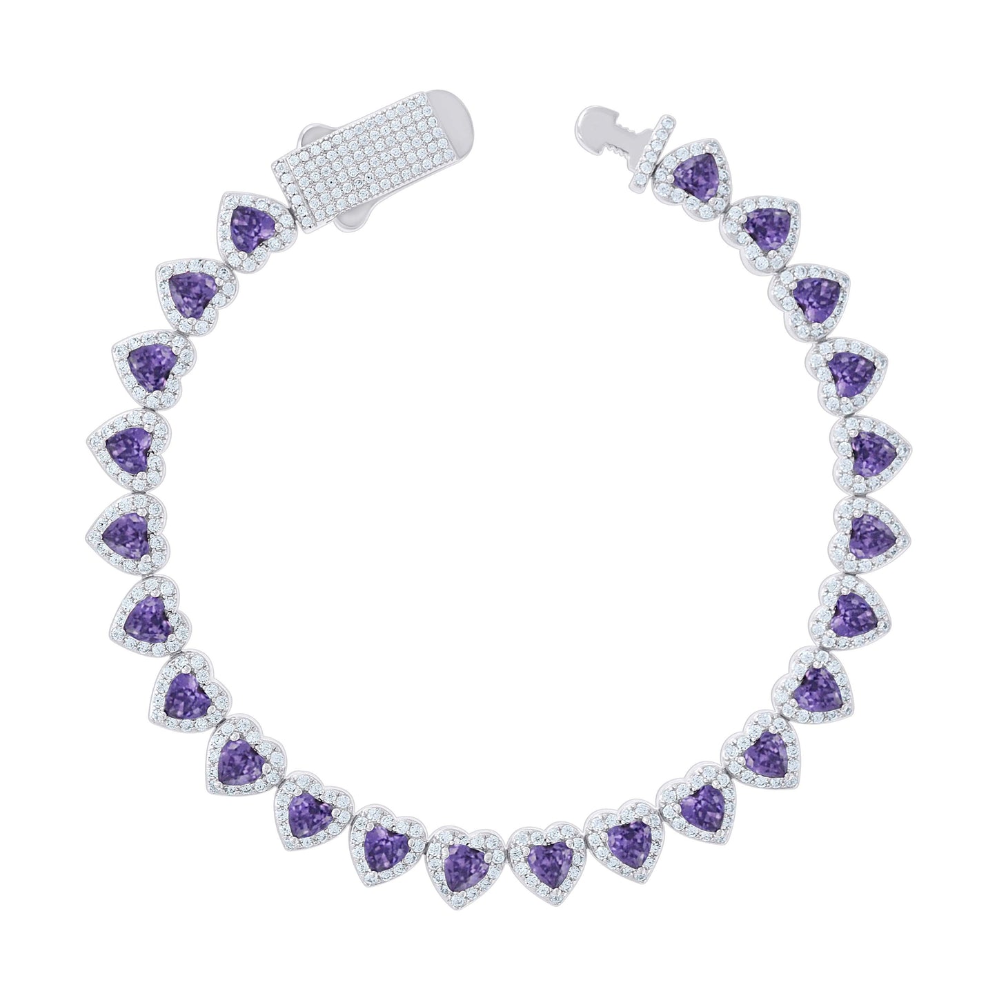 Sterling Silver Womens White Purple Heart Round Cubic-Zirconia Hearts Link Bracelet Size 7 Inches