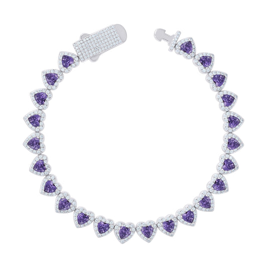 Sterling Silver Womens White Purple Heart Round Cubic-Zirconia Hearts Link Bracelet Size 7 Inches