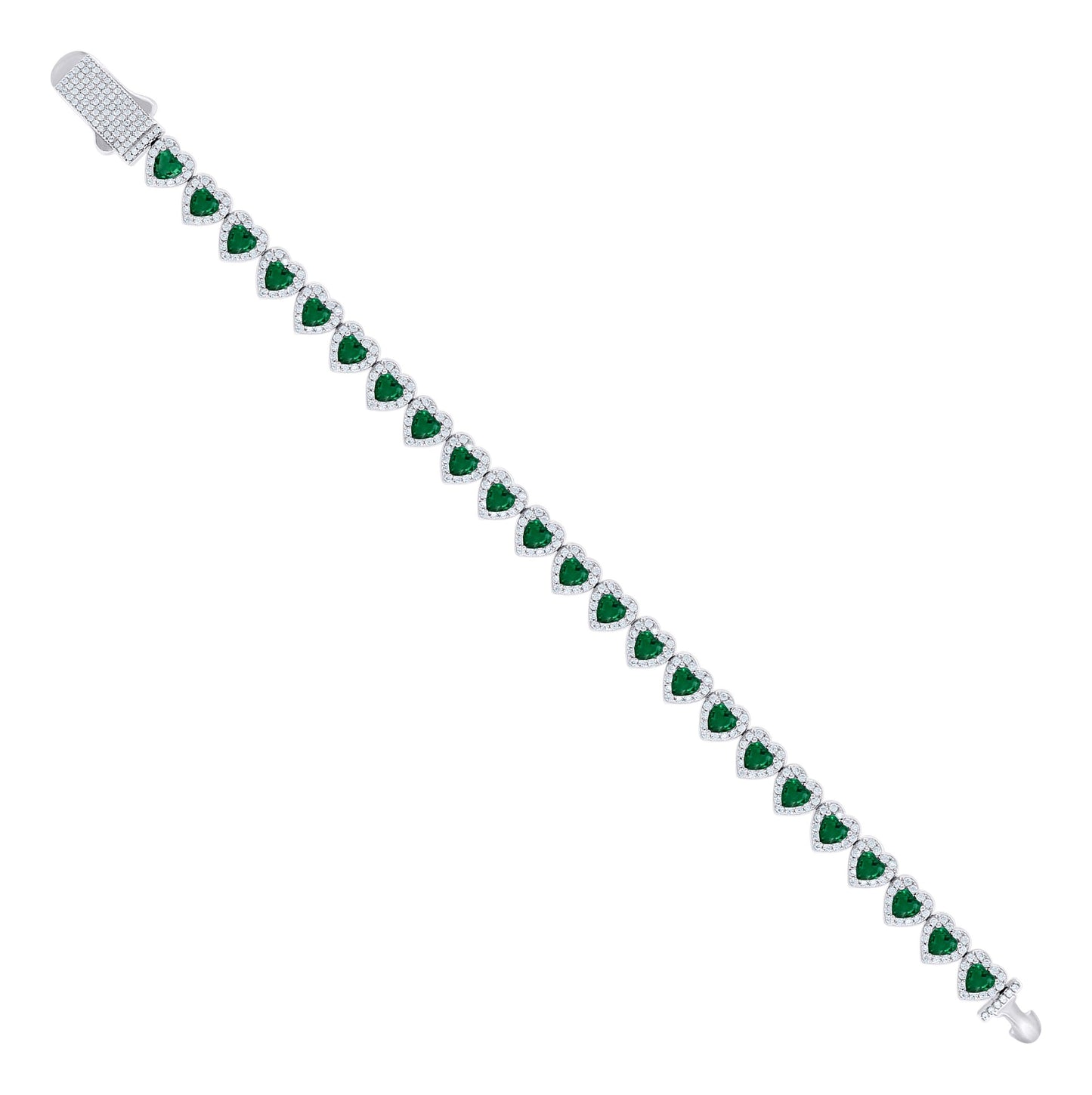 Sterling Silver Womens White Green Heart Round Cubic-Zirconia Hearts Link Bracelet Size 7 Inches