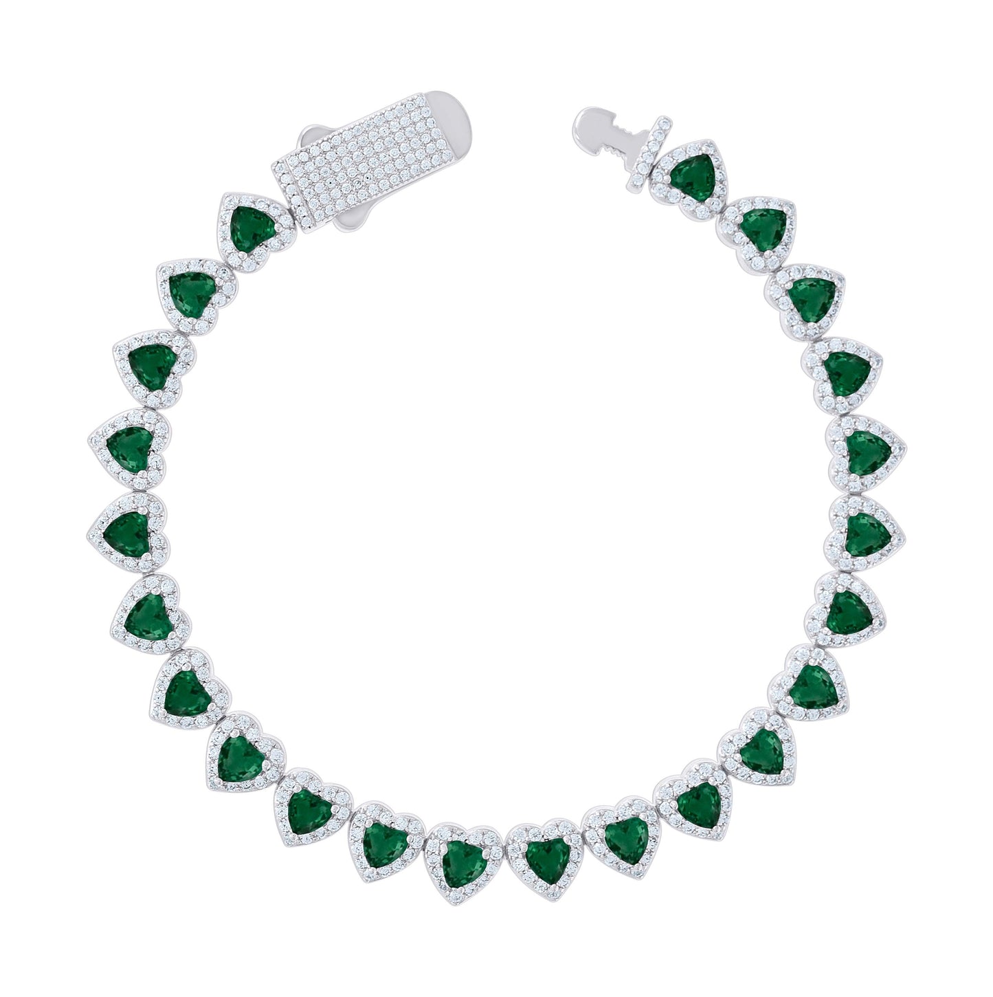 Sterling Silver Womens White Green Heart Round Cubic-Zirconia Hearts Link Bracelet Size 7 Inches