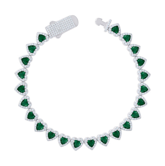 Sterling Silver Womens White Green Heart Round Cubic-Zirconia Hearts Link Bracelet Size 7 Inches