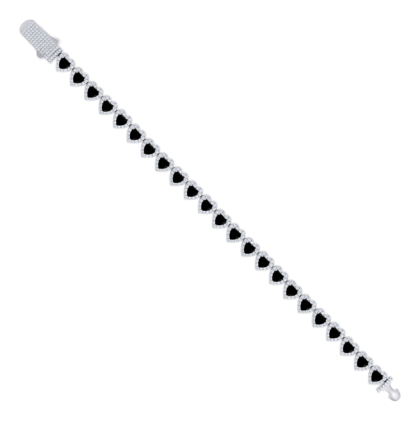 Sterling Silver Womens White Black Heart Round Cubic-Zirconia Hearts Link Bracelet Size 7 Inches