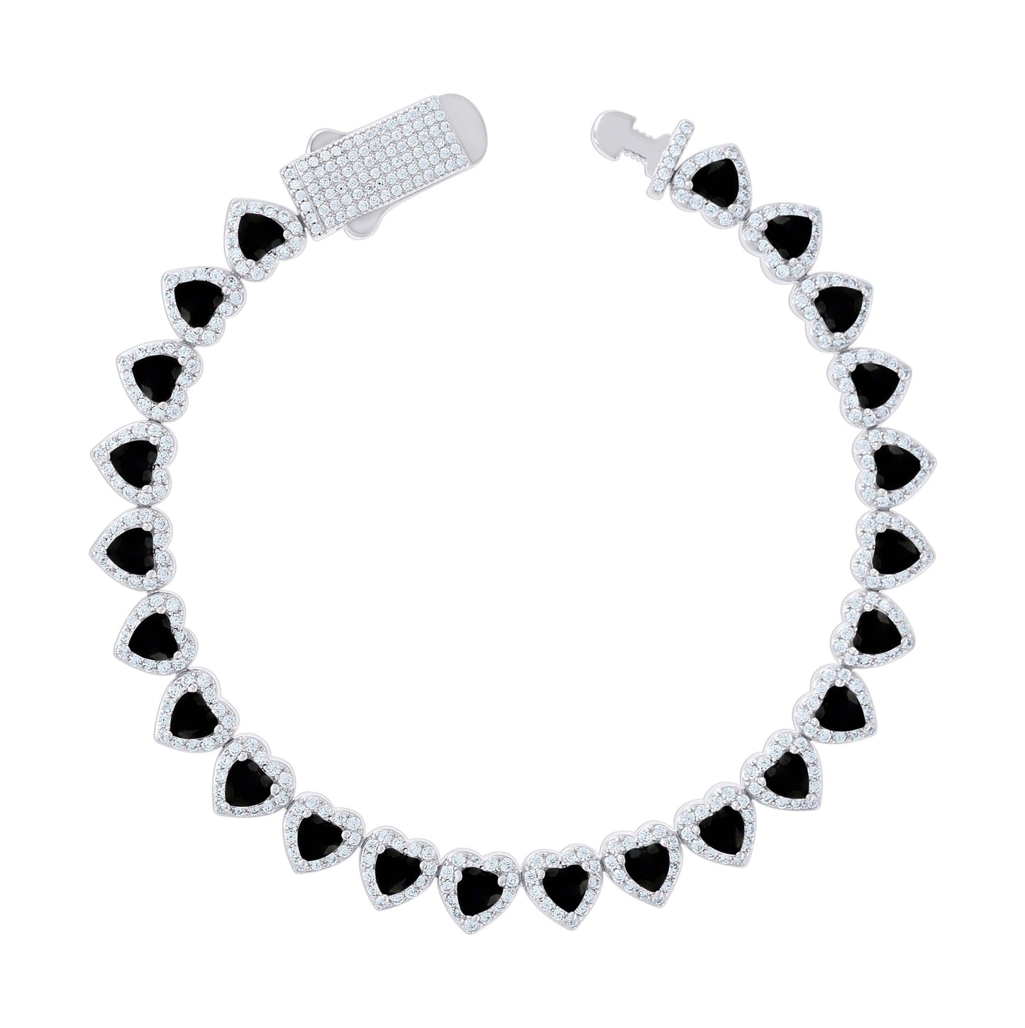 Sterling Silver Womens White Black Heart Round Cubic-Zirconia Hearts Link Bracelet Size 7 Inches