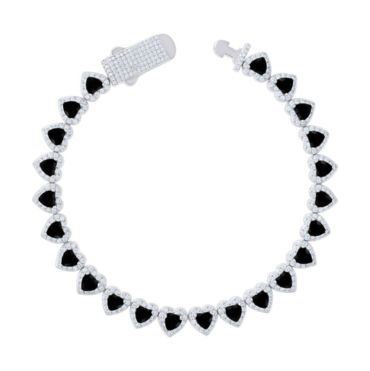 Sterling Silver Womens White Black Heart Round Cubic-Zirconia Hearts Link Bracelet Size 7 Inches