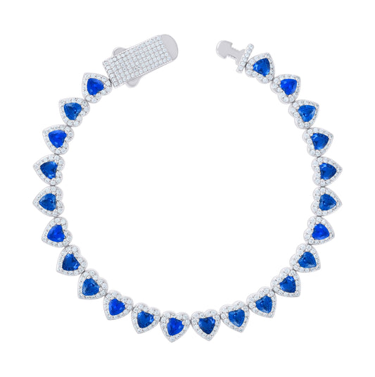 Sterling Silver Womens White Blue Heart Round Cubic-Zirconia Hearts Link Bracelet Size 7 Inches