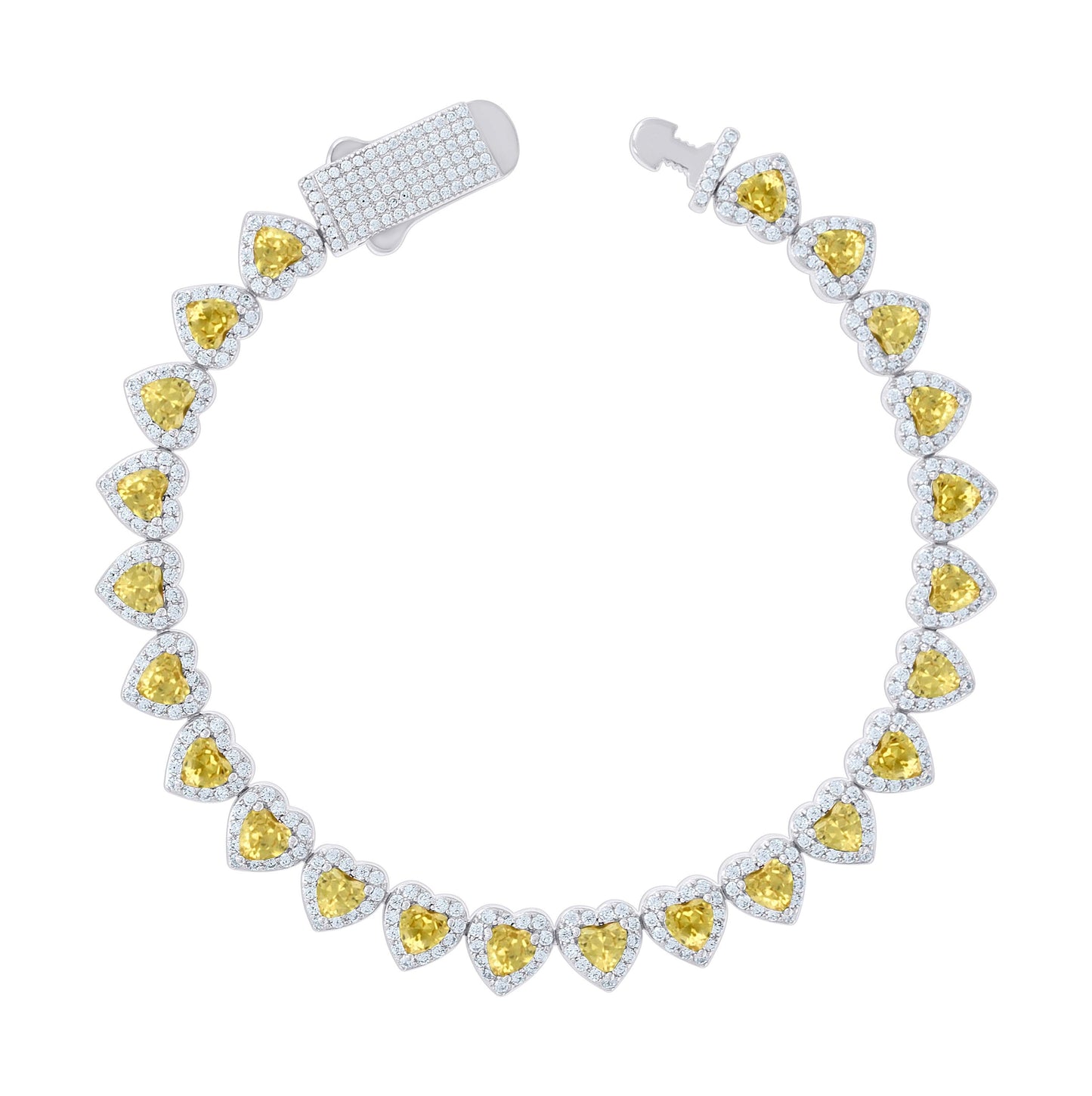 Sterling Silver Womens White Yellow Heart Round Cubic-Zirconia Hearts Link Bracelet Size 7 Inches