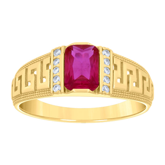 10K Yellow Gold Womens Pink White Emerald Round Cubic-Zirconia Greek Key Sides Fashion Ring