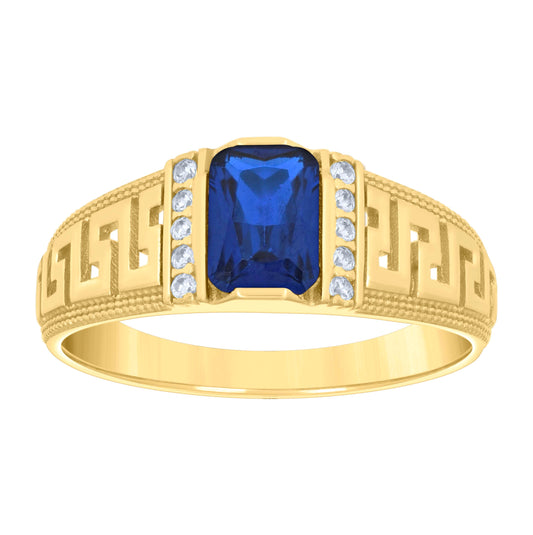 10K Yellow Gold Womens Blue White Emerald Round Cubic-Zirconia Greek Key Sides Fashion Ring