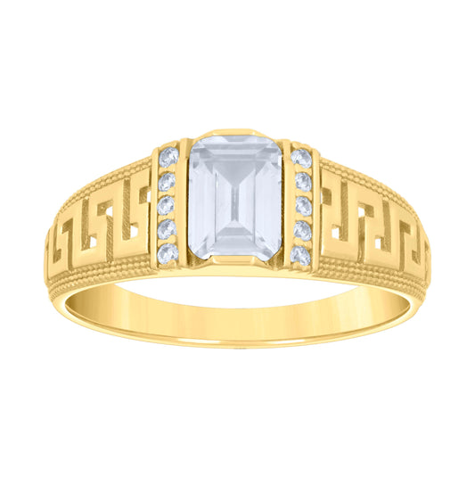 10K Yellow Gold Womens Emerald Round Cubic-Zirconia Greek Key Sides Fashion Ring