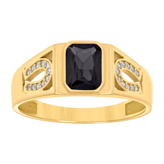 10K Yellow Gold Womens Black White Emerald Round Cubic-Zirconia Horseshoe Sides Fashion Ring