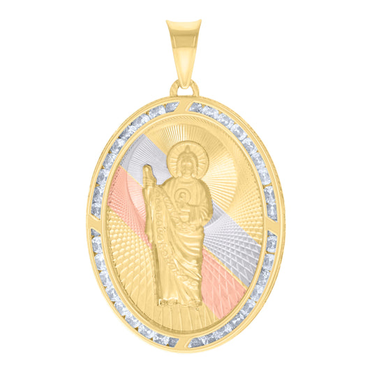 10K Tri-Color Gold Mens Cubic-Zirconia Diamond-Cut St. Jude Religious Pendant