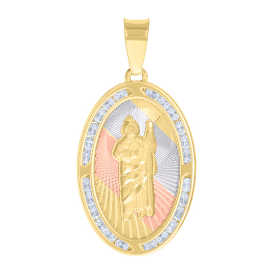 10K Tri-Color Gold Unisex Cubic-Zirconia Diamond-Cut St. Jude Religious Pendant