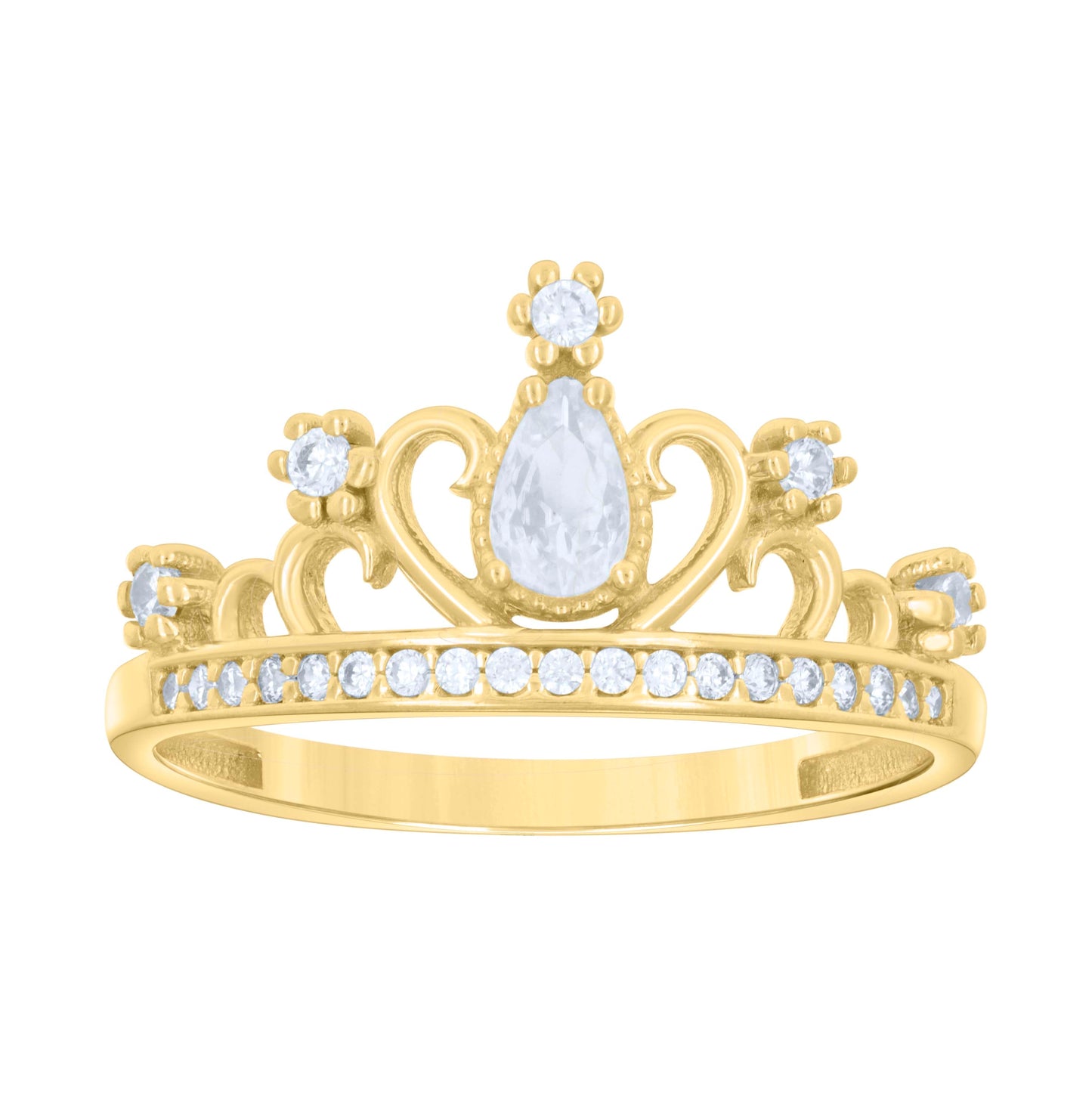 10K Yellow Gold Womens Pear Round Cubic-Zirconia Crown Fashion Ring