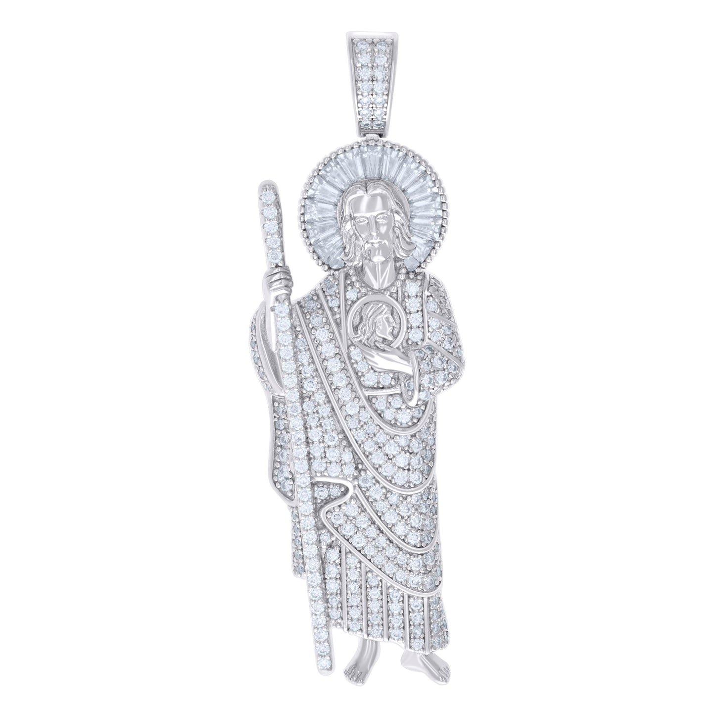 Sterling Silver Mens 1.68 Cttw, 1.18 Cttw Baguette Round Moissanite St. Jude Religious Pendant