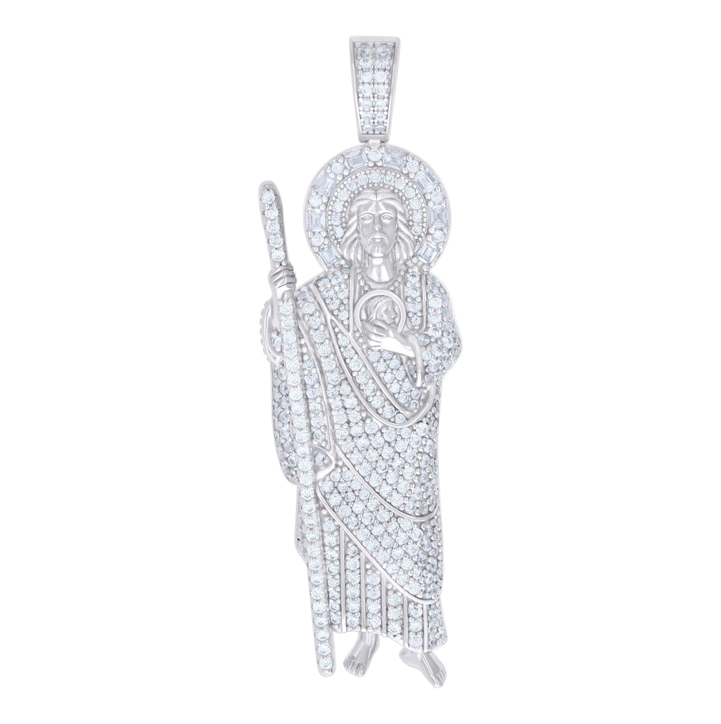 Sterling Silver Mens Baguette 0.34 Cttw Round 2.30 Cttw Moissanite St. Jude Religious Charm Pendant