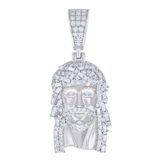 Sterling Silver Mens 0.59 Cttw, 0.78 Cttw Baguette Round Moissanite Jesus Religious Pendant