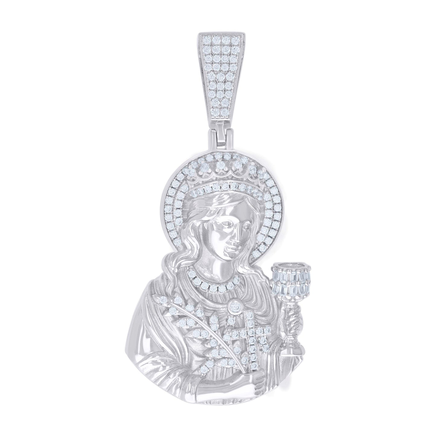 Sterling Silver Mens Round 0.69 Cttw Baguette 0.99 Cttw Moissanite St. Barbara Saints Religious Pendant