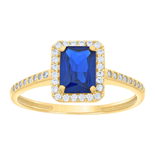 14K Yellow Gold Womens Blue White Emerald Round Cubic-Zirconia Fashion Ring