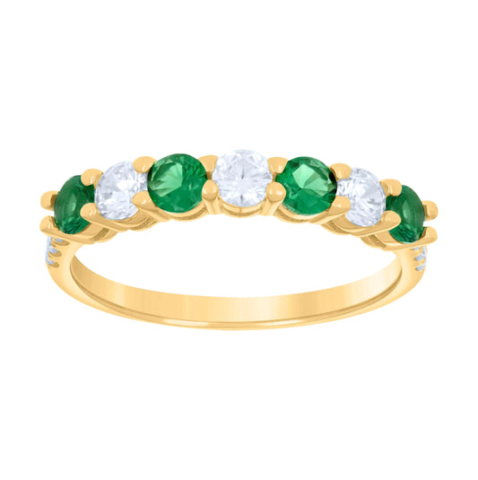 14K Yellow Gold Womens Green White Cubic-Zirconia Half Eternity Ring