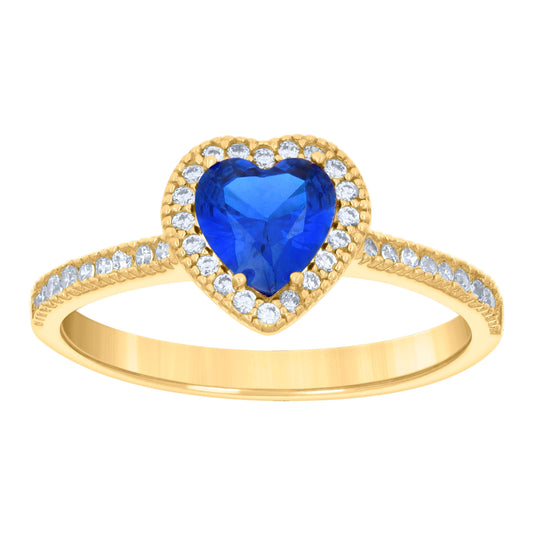 14K Yellow Gold Womens Blue White Heart Round Cubic-Zirconia Heart Ring