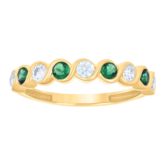 14K Yellow Gold Womens Green White Cubic-Zirconia Half Eternity Ring