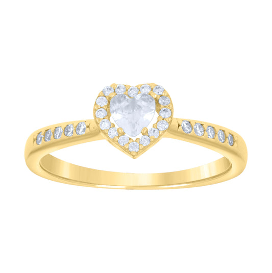 14K Yellow Gold Womens Heart Round Cubic-Zirconia Heart Ring