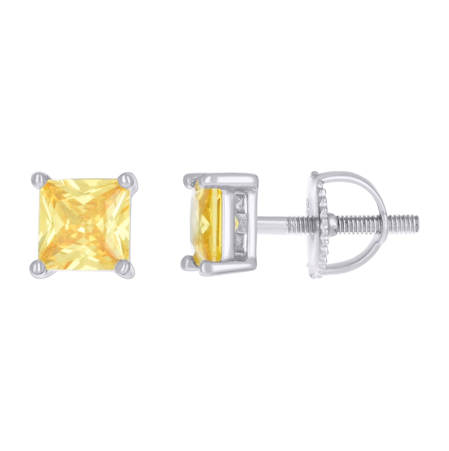 Sterling Silver Unisex Princess-Cut Cubic-Zirconia Square Solitaire Stud Earrings