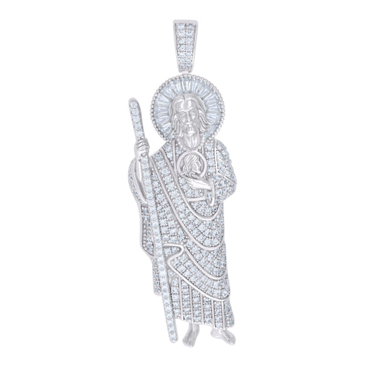 Sterling Silver Unisex Round Baguette Cubic-Zirconia ST. Jude Religious Charm Pendant