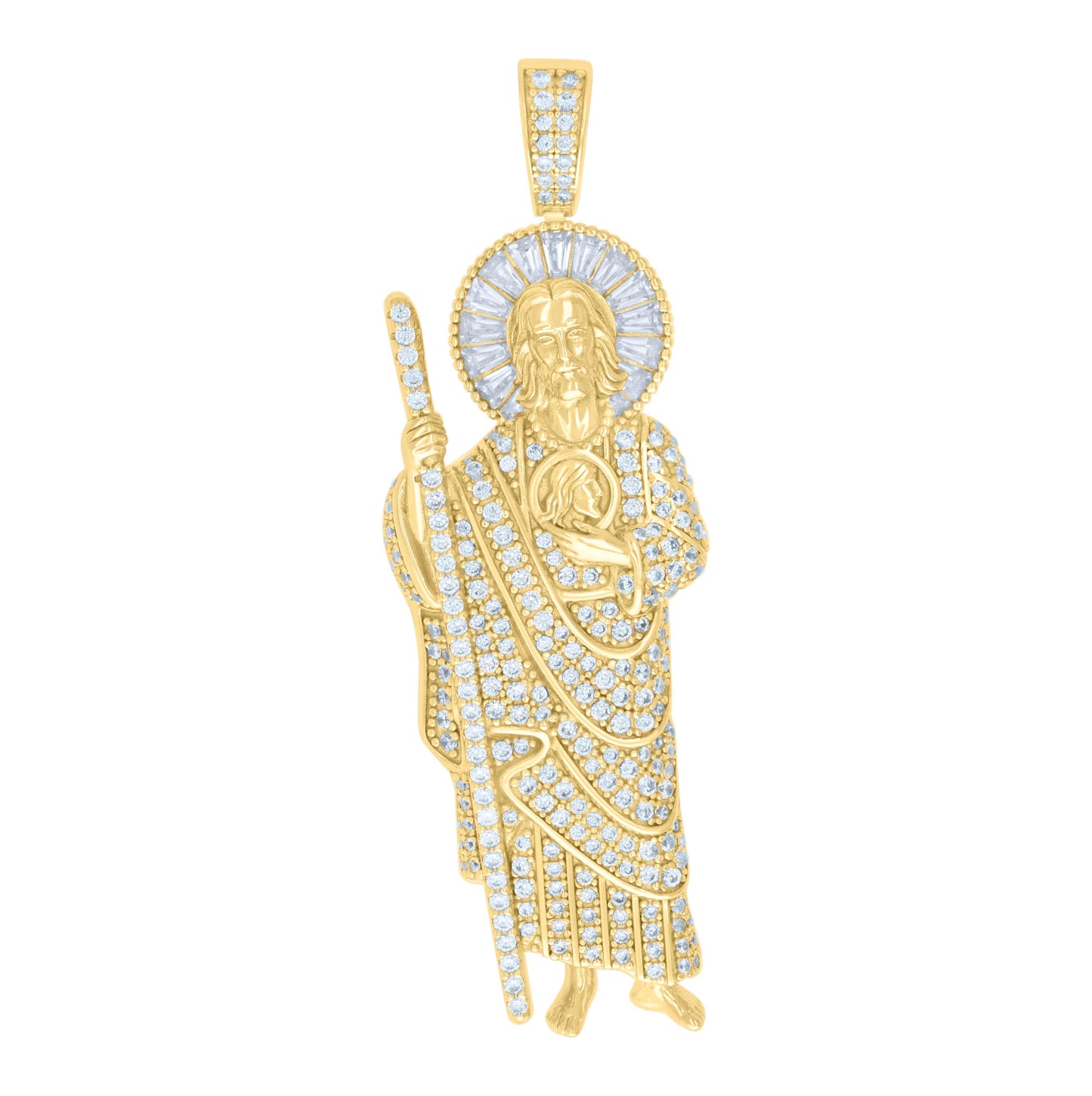 Sterling Silver Unisex Round Baguette Cubic-Zirconia ST. Jude Religious Charm Pendant