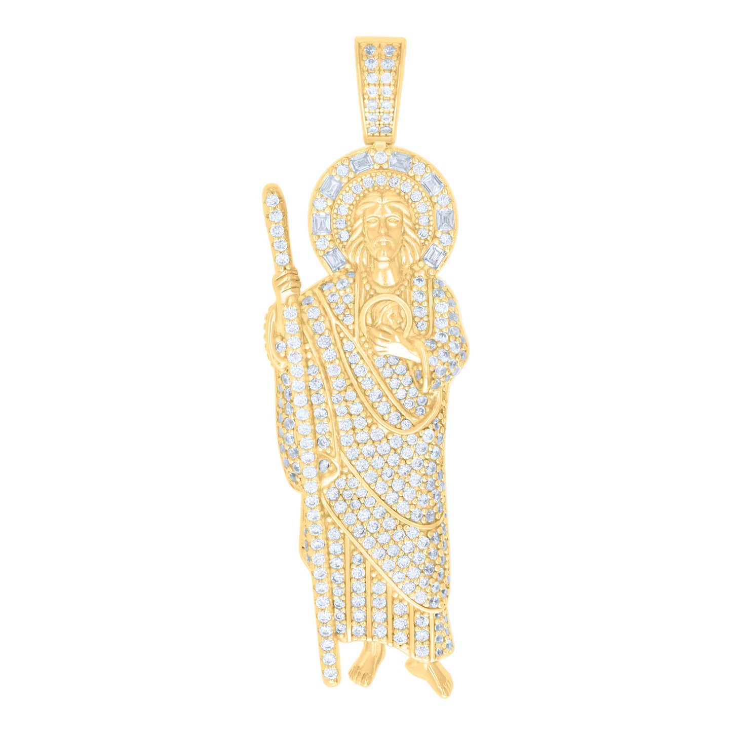 Sterling Silver Unisex Round Baguette Cubic-Zirconia ST. Jude Religious Charm Pendant