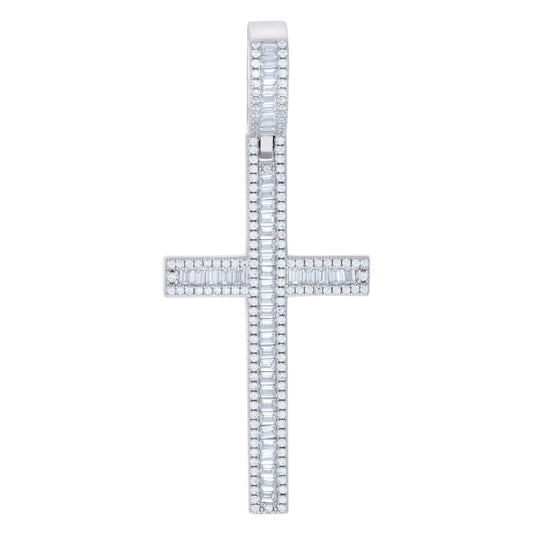 Sterling Silver Mens Baguette Round Cubic-Zirconia Cross Religious Charm Pendant