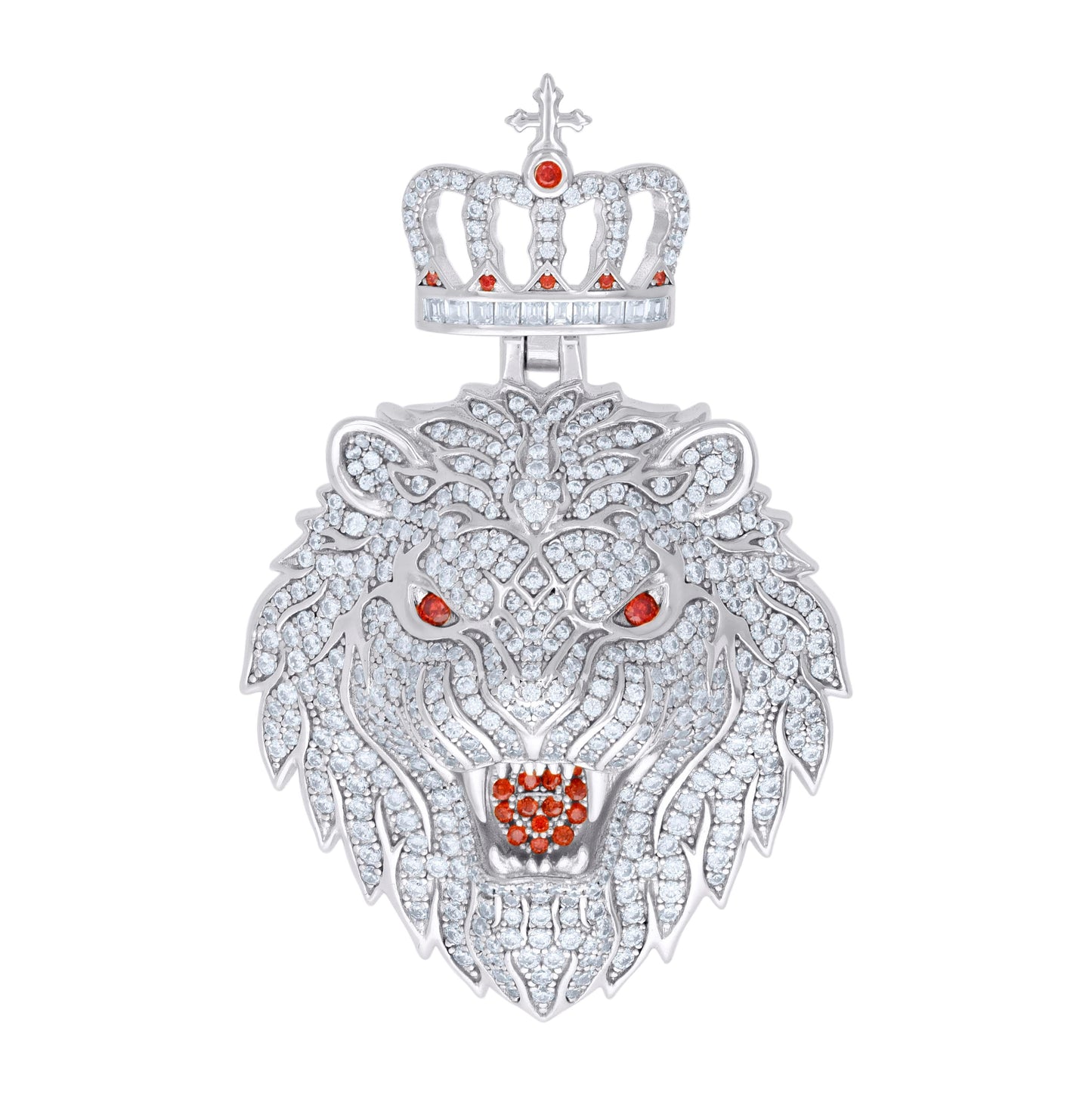 Sterling Silver Mens White Red Cubic-Zirconia King Lion Animal Wildlife Charm Pendant