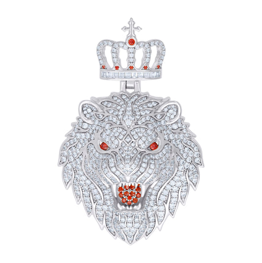 Sterling Silver Mens White Red Cubic-Zirconia King Lion Animal Wildlife Charm Pendant